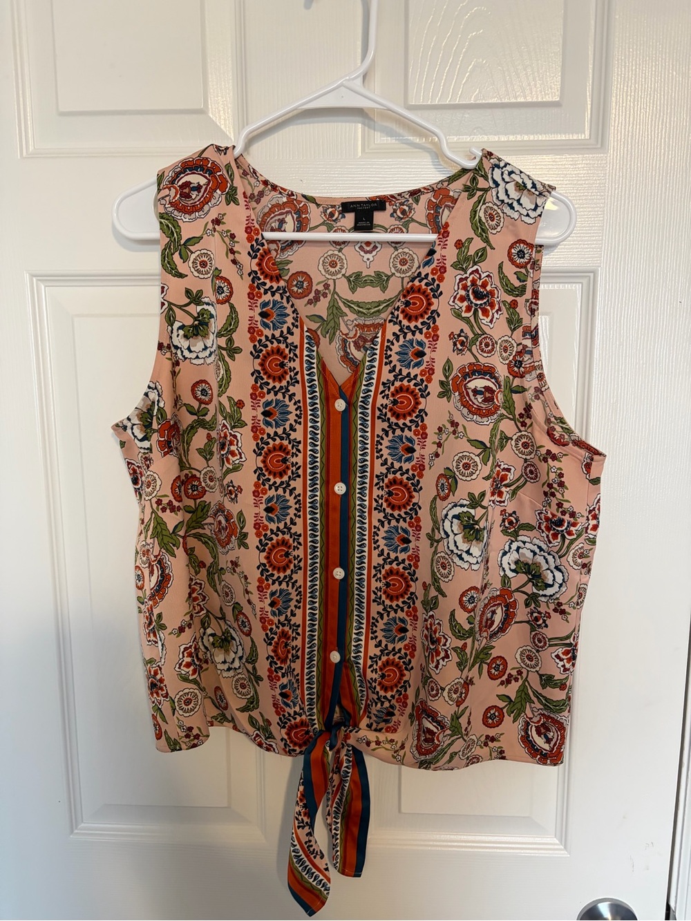 Ann Taylor Peach Floral Tie-Front Camisole with Multi-Color Trim